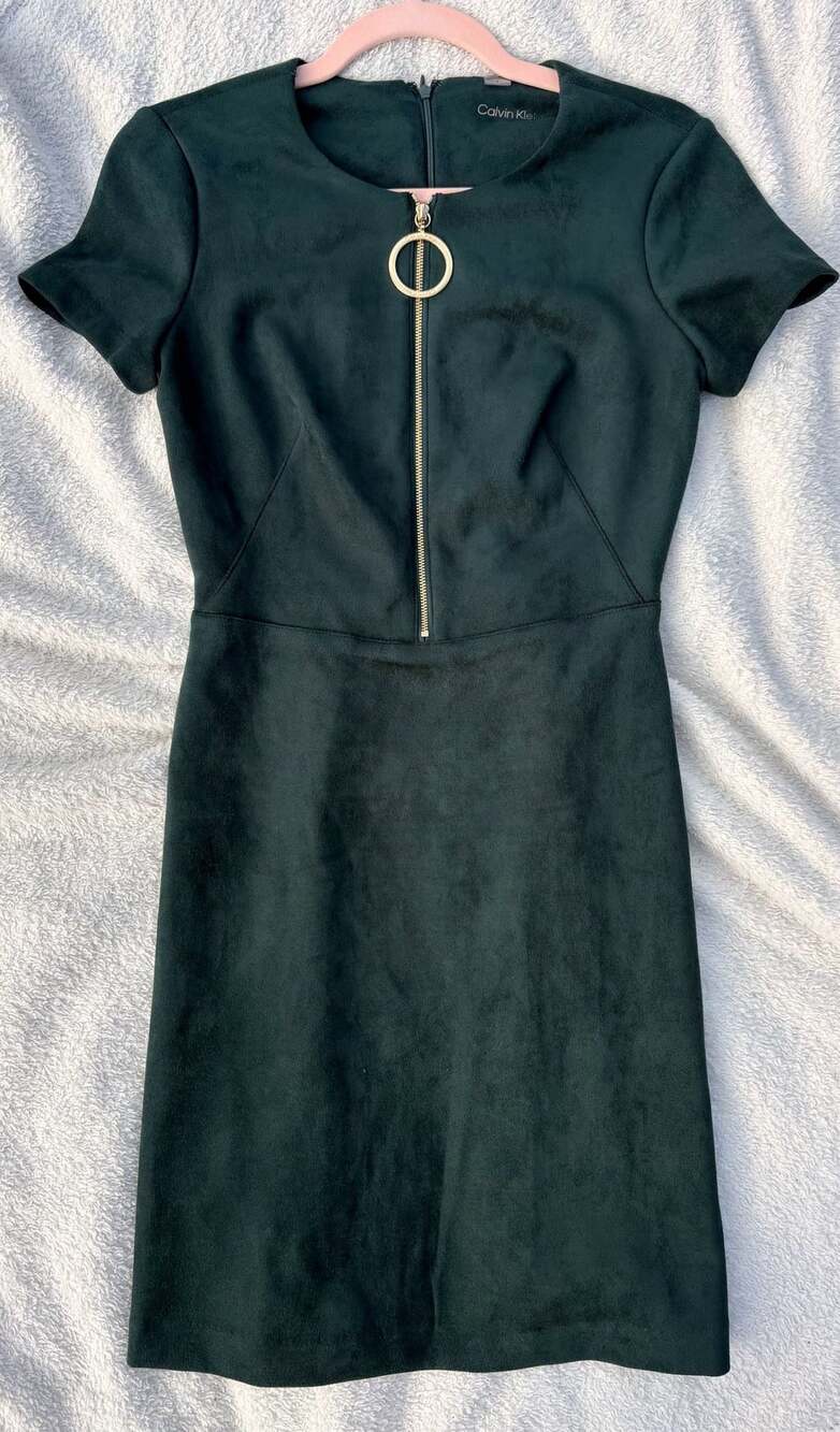 Calvin Klein Dark Green Faux Suede Dress Gold O-Ring Zip Front Short Sleeve
